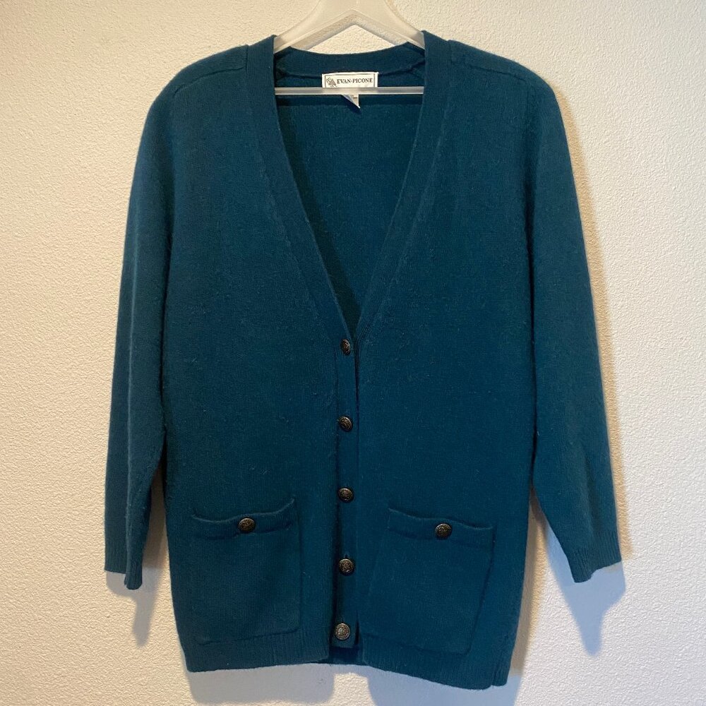 Evan Picone Angora Wool Cardigan Sweater Green‎ Preppy Sz Small